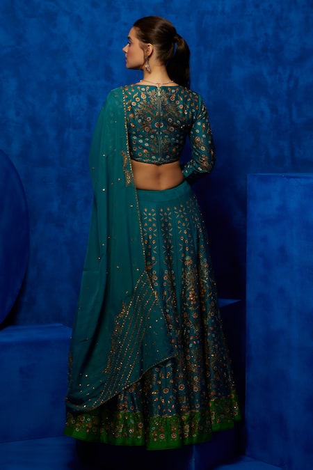 Shop_Nautanky_Green Silk, Organza Sequins, Beads V-neck Midnight Petal Print Lehenga Set _at_Aza_Fashions