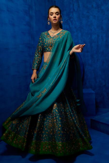 Nautanky_Green Silk, Organza Sequins, Beads V-neck Midnight Petal Print Lehenga Set _Online_at_Aza_Fashions