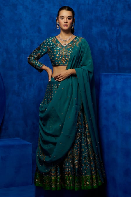 Shop_Nautanky_Green Silk, Organza Sequins, Beads V-neck Midnight Petal Print Lehenga Set _Online_at_Aza_Fashions