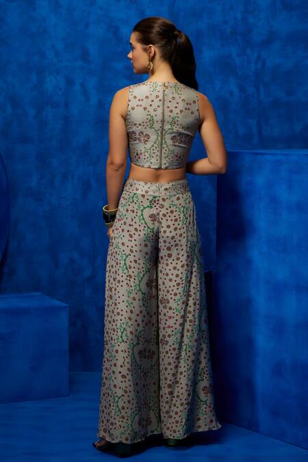 Shop Nautanky Grey Silk, Crepe, Chiffon Zari, Embroidery Scoop Bloom Print Top Palazzo Set at Aza Fashions Shop_Nautanky_Grey Silk, Crepe, Chiffon Zari, Embroidery Scoop Bloom Print Top Palazzo Set _at_Aza_Fashions