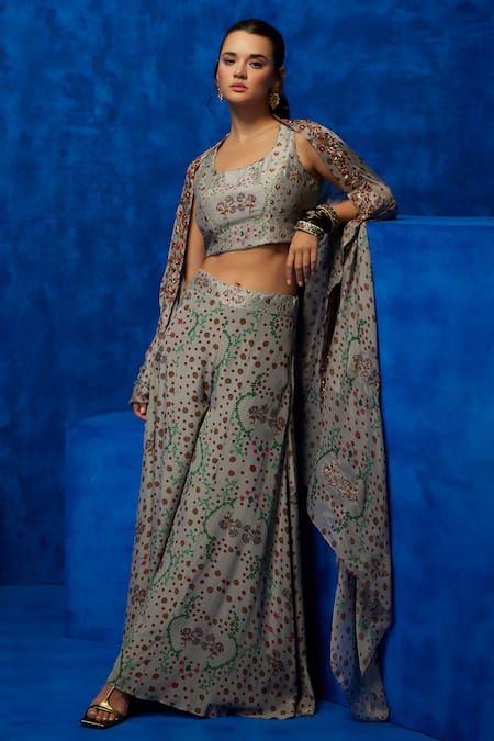 Buy Nautanky Grey Silk, Crepe, Chiffon Zari, Embroidery Scoop Bloom Print Top Palazzo Set Online at Aza Fashions Buy_Nautanky_Grey Silk, Crepe, Chiffon Zari, Embroidery Scoop Bloom Print Top Palazzo Set _Online_at_Aza_Fashions