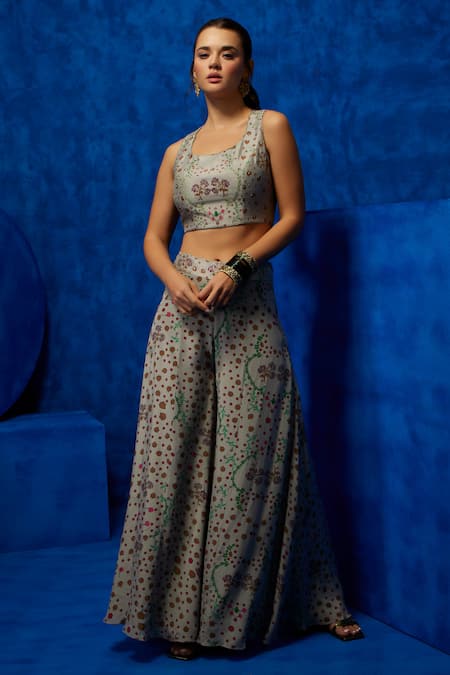 Nautanky Grey Silk, Crepe, Chiffon Zari, Embroidery Scoop Bloom Print Top Palazzo Set at Aza Fashions Nautanky_Grey Silk, Crepe, Chiffon Zari, Embroidery Scoop Bloom Print Top Palazzo Set _at_Aza_Fashions
