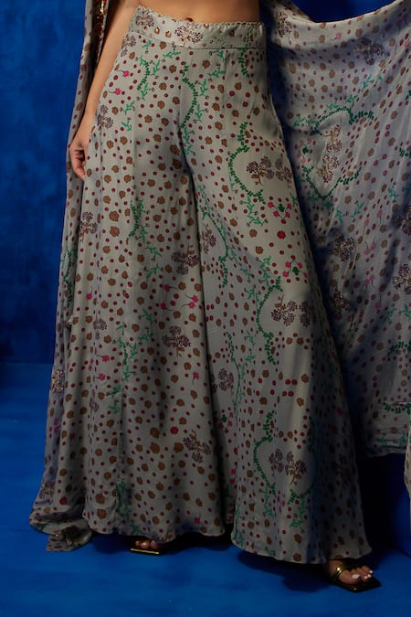 Buy Nautanky Grey Silk, Crepe, Chiffon Zari, Embroidery Scoop Bloom Print Top Palazzo Set Buy_Nautanky_Grey Silk, Crepe, Chiffon Zari, Embroidery Scoop Bloom Print Top Palazzo Set