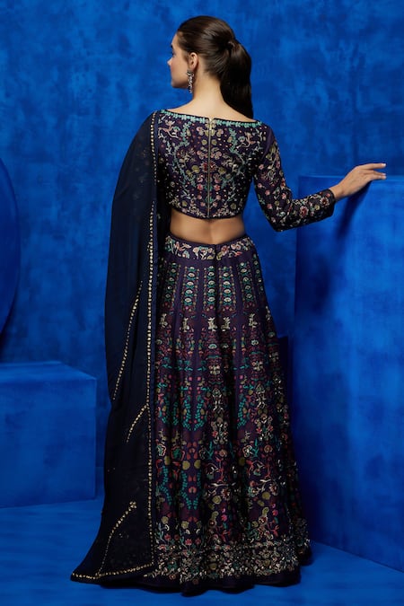 Shop Nautanky Purple Silk, Organza Sequins, Zari Boat Nightfall Blossom Print Lehenga Set at Aza Fashions Shop_Nautanky_Purple Silk, Organza Sequins, Zari Boat Nightfall Blossom Print Lehenga Set _at_Aza_Fashions