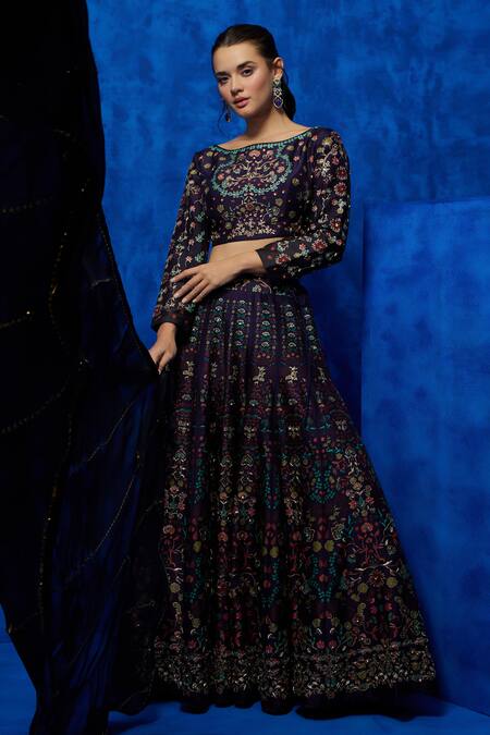 Nautanky Purple Silk, Organza Sequins, Zari Boat Nightfall Blossom Print Lehenga Set Online at Aza Fashions Nautanky_Purple Silk, Organza Sequins, Zari Boat Nightfall Blossom Print Lehenga Set _Online_at_Aza_Fashions