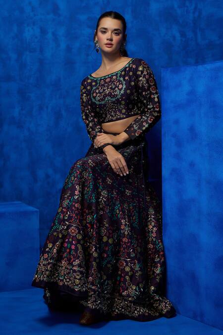 Shop Nautanky Purple Silk, Organza Sequins, Zari Boat Nightfall Blossom Print Lehenga Set Online at Aza Fashions Shop_Nautanky_Purple Silk, Organza Sequins, Zari Boat Nightfall Blossom Print Lehenga Set _Online_at_Aza_Fashions