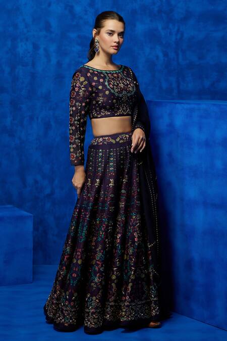 Nautanky Purple Silk, Organza Sequins, Zari Boat Nightfall Blossom Print Lehenga Set at Aza Fashions Nautanky_Purple Silk, Organza Sequins, Zari Boat Nightfall Blossom Print Lehenga Set _at_Aza_Fashions