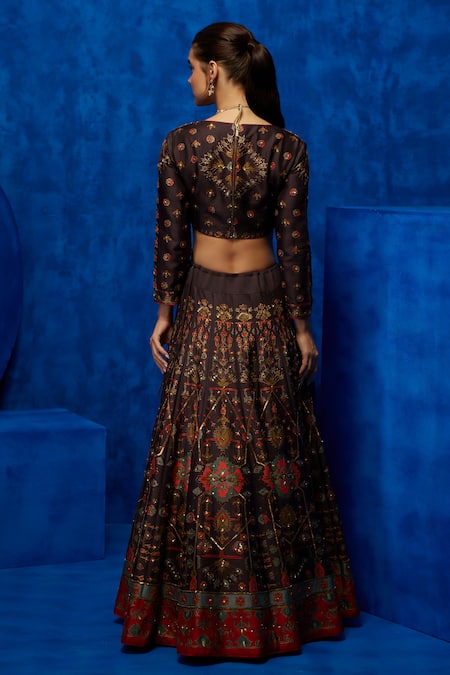 Shop_Nautanky_Brown Silk, Organza Zari, Sequins Round Neck Midnight Petal Print Lehenga Set _at_Aza_Fashions