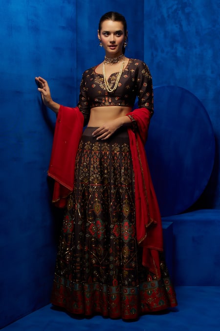 Nautanky_Brown Silk, Organza Zari, Sequins Round Neck Midnight Petal Print Lehenga Set _Online_at_Aza_Fashions