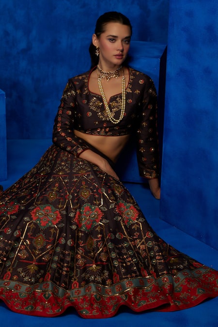 Buy_Nautanky_Brown Silk, Organza Zari, Sequins Round Neck Midnight Petal Print Lehenga Set _Online_at_Aza_Fashions