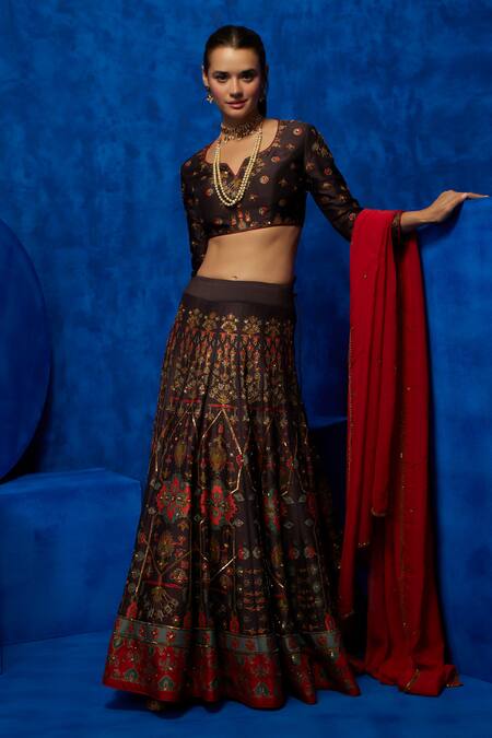 Shop_Nautanky_Brown Silk, Organza Zari, Sequins Round Neck Midnight Petal Print Lehenga Set _Online_at_Aza_Fashions