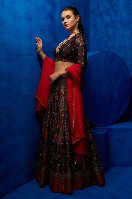 Nautanky_Brown Silk, Organza Zari, Sequins Round Neck Midnight Petal Print Lehenga Set _at_Aza_Fashions