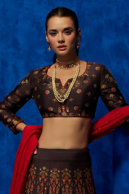Buy_Nautanky_Brown Silk, Organza Zari, Sequins Round Neck Midnight Petal Print Lehenga Set 