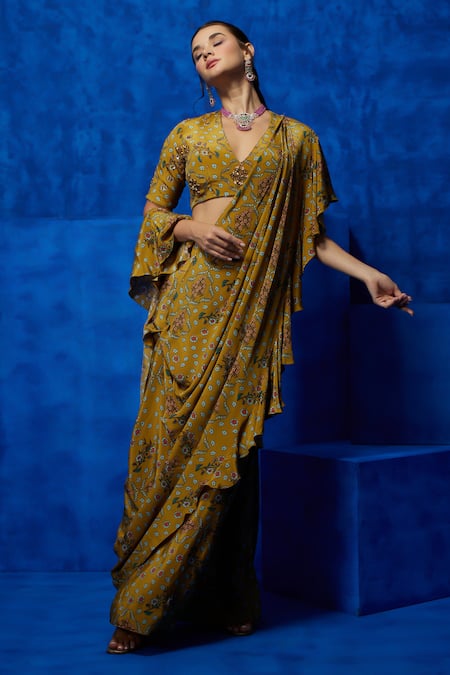 Shop Nautanky Yellow Crepe Sequins, Beads V-neck Elegance Printed Pre-draped Saree With Blouse at Aza Fashions Shop_Nautanky_Yellow Crepe Sequins, Beads V-neck Elegance Printed Pre-draped Saree With Blouse _at_Aza_Fashions