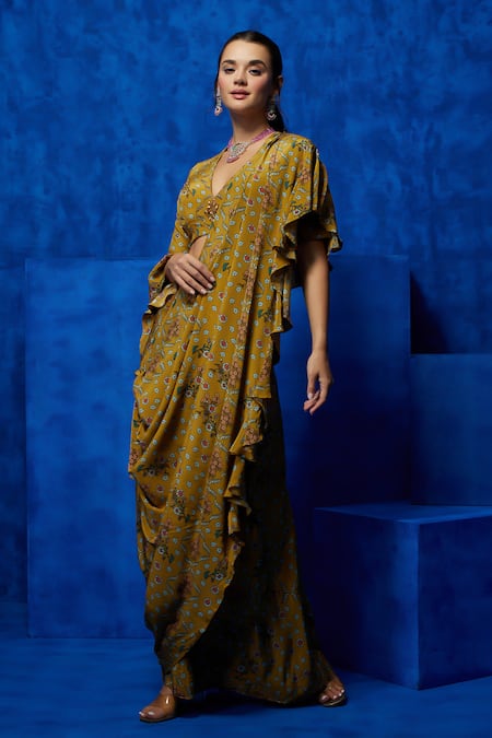 Shop Nautanky Yellow Crepe Sequins, Beads V-neck Elegance Printed Pre-draped Saree With Blouse Online at Aza Fashions Shop_Nautanky_Yellow Crepe Sequins, Beads V-neck Elegance Printed Pre-draped Saree With Blouse _Online_at_Aza_Fashions