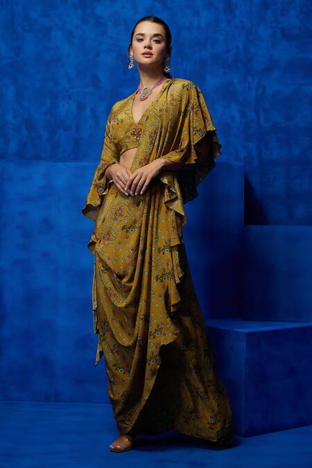 Nautanky Yellow Crepe Sequins, Beads V-neck Elegance Printed Pre-draped Saree With Blouse at Aza Fashions Nautanky_Yellow Crepe Sequins, Beads V-neck Elegance Printed Pre-draped Saree With Blouse _at_Aza_Fashions