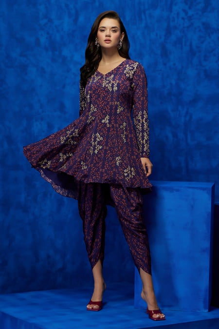 Nautanky Purple Crepe Sequins, Beads, Zari V-neck Regal Printed Kurta And Dhoti Pant Set Online at Aza Fashions Nautanky_Purple Crepe Sequins, Beads, Zari V-neck Regal Printed Kurta And Dhoti Pant Set _Online_at_Aza_Fashions
