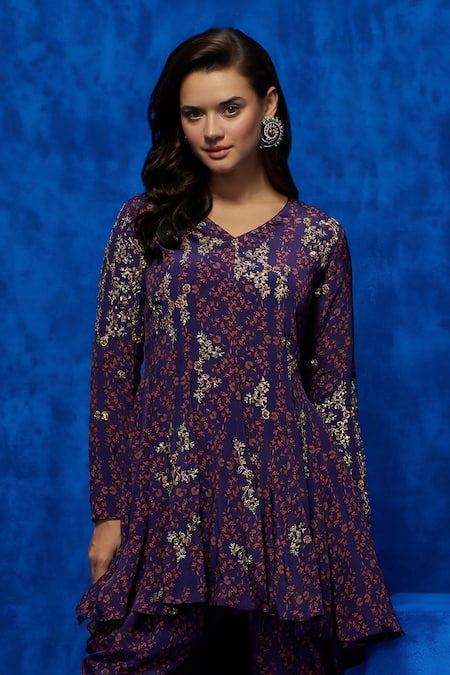 Buy Nautanky Purple Crepe Sequins, Beads, Zari V-neck Regal Printed Kurta And Dhoti Pant Set Online at Aza Fashions Buy_Nautanky_Purple Crepe Sequins, Beads, Zari V-neck Regal Printed Kurta And Dhoti Pant Set _Online_at_Aza_Fashions