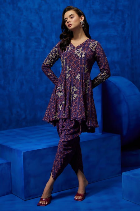 Buy Nautanky Purple Crepe Sequins, Beads, Zari V-neck Regal Printed Kurta And Dhoti Pant Set Buy_Nautanky_Purple Crepe Sequins, Beads, Zari V-neck Regal Printed Kurta And Dhoti Pant Set