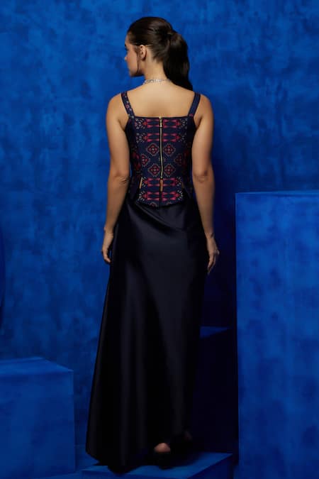 Shop_Nautanky_Blue Silk, Organza, Satin Cut Work, Midnight Printed Corset Top And Skirt Set _at_Aza_Fashions
