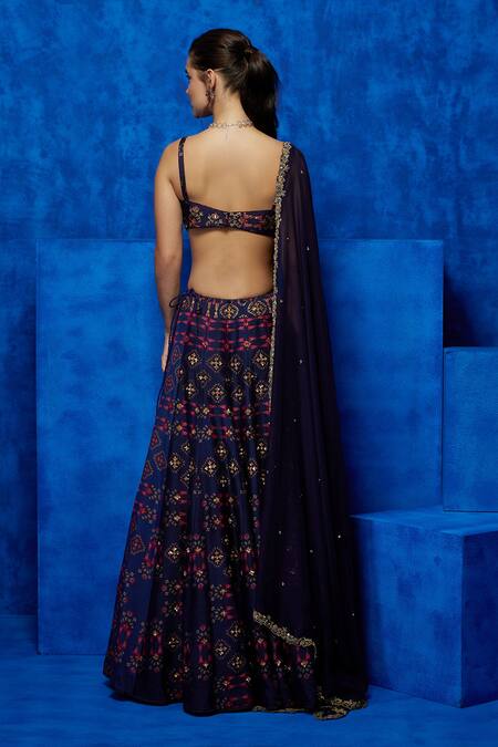 Shop_Nautanky_Purple Silk, Organza Sequins, Starry Night Bloom Print Kurta Lehenga Set _at_Aza_Fashions