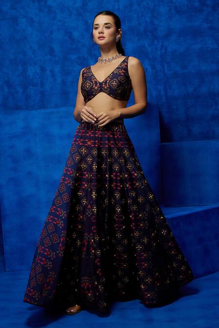Nautanky_Purple Silk, Organza Sequins, Starry Night Bloom Print Kurta Lehenga Set _Online_at_Aza_Fashions