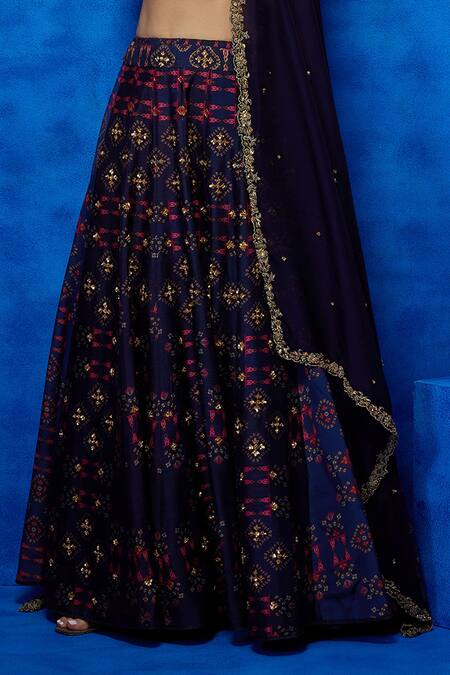Shop_Nautanky_Purple Silk, Organza Sequins, Starry Night Bloom Print Kurta Lehenga Set _Online_at_Aza_Fashions