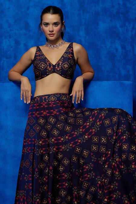 Nautanky_Purple Silk, Organza Sequins, Starry Night Bloom Print Kurta Lehenga Set _at_Aza_Fashions