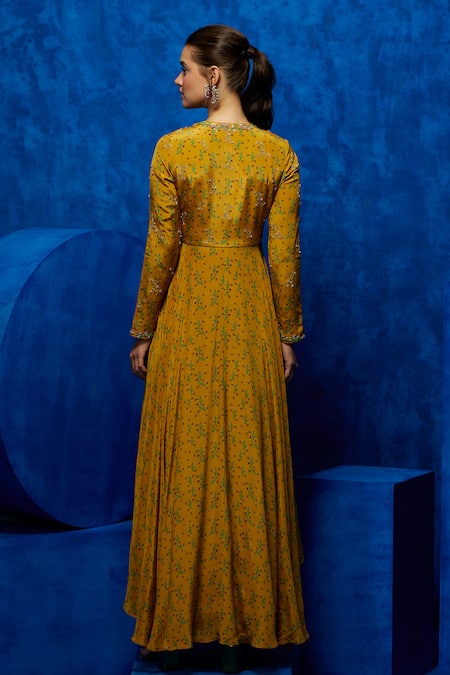 Shop_Nautanky_Yellow Crepe Sequins, Beads V-neck Bloom Print High-low Dress _at_Aza_Fashions