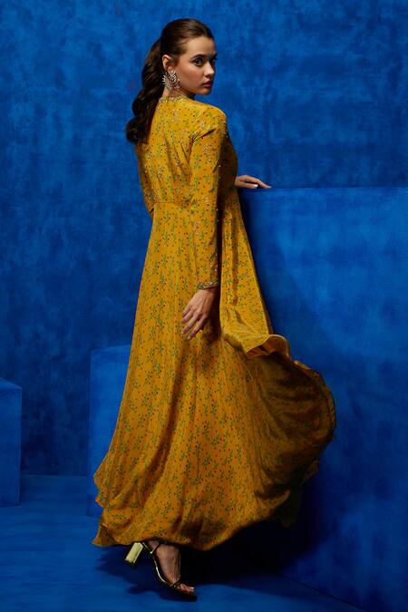 Nautanky_Yellow Crepe Sequins, Beads V-neck Bloom Print High-low Dress _Online_at_Aza_Fashions