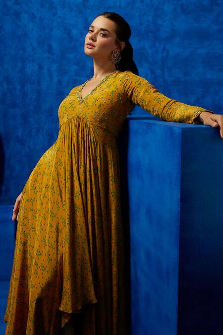 Buy_Nautanky_Yellow Crepe Sequins, Beads V-neck Bloom Print High-low Dress _Online_at_Aza_Fashions