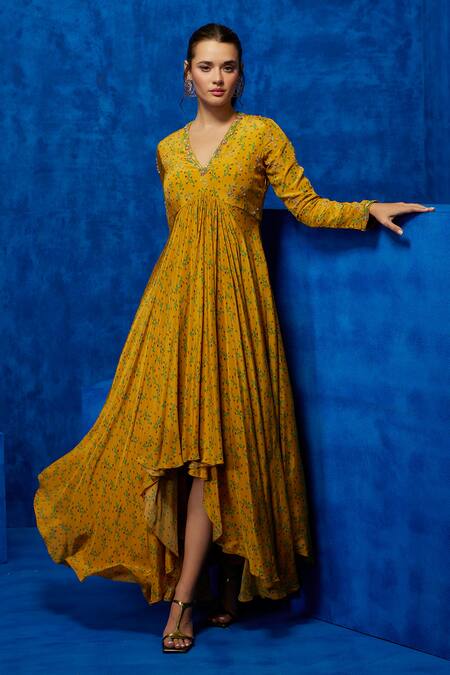 Shop_Nautanky_Yellow Crepe Sequins, Beads V-neck Bloom Print High-low Dress _Online_at_Aza_Fashions