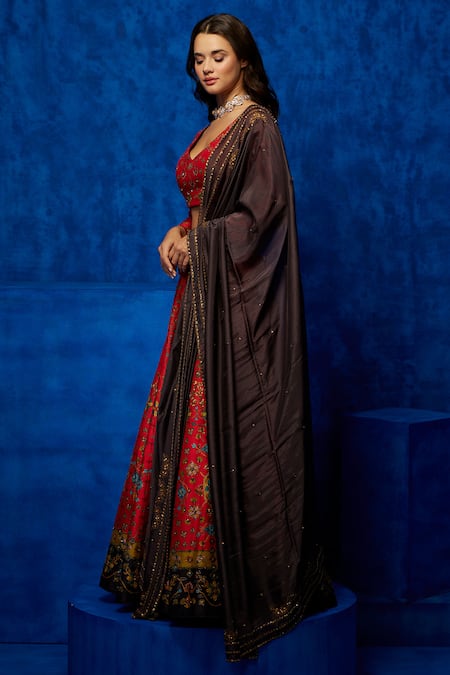 Nautanky_Red Silk, Organza Beads, Sequins V-neck Tangerine Dream Printed Lehenga Set _Online_at_Aza_Fashions