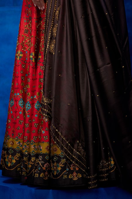 Shop_Nautanky_Red Silk, Organza Beads, Sequins V-neck Tangerine Dream Printed Lehenga Set _Online_at_Aza_Fashions