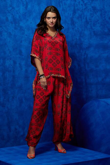 Nautanky_Orange Crepe Embroidery, Sequins V-neck Twilight Blossom Print Kaftan And Pant Set _Online_at_Aza_Fashions