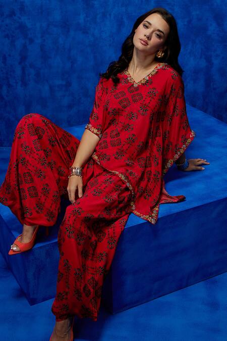 Shop_Nautanky_Orange Crepe Embroidery, Sequins V-neck Twilight Blossom Print Kaftan And Pant Set _Online_at_Aza_Fashions