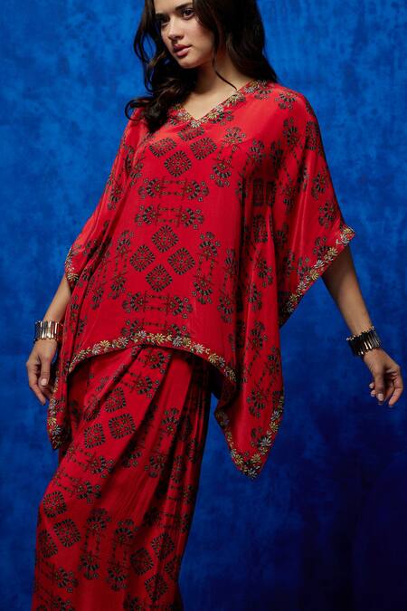 Nautanky_Orange Crepe Embroidery, Sequins V-neck Twilight Blossom Print Kaftan And Pant Set _at_Aza_Fashions