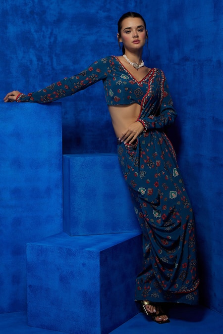 Shop_Nautanky_Green Crepe Embroidery V-neck Tapestry Print Pre-draped Saree With Blouse _at_Aza_Fashions