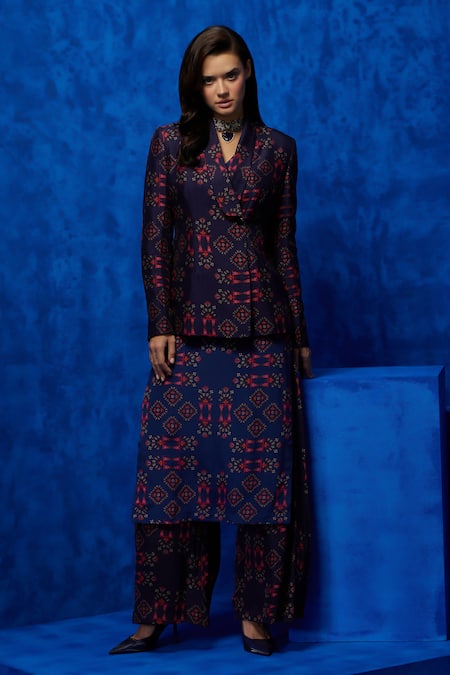 Shop Nautanky Blue Silk, Crepe Embroidery Collared, V-neck Tapestry Print Blazer Pant Set at Aza Fashions Shop_Nautanky_Blue Silk, Crepe Embroidery Collared, V-neck Tapestry Print Blazer Pant Set _at_Aza_Fashions