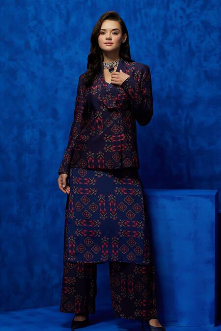 Nautanky Blue Silk, Crepe Embroidery Collared, V-neck Tapestry Print Blazer Pant Set Online at Aza Fashions Nautanky_Blue Silk, Crepe Embroidery Collared, V-neck Tapestry Print Blazer Pant Set _Online_at_Aza_Fashions