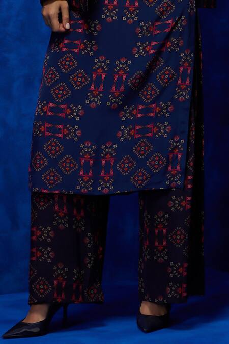Buy Nautanky Blue Silk, Crepe Embroidery Collared, V-neck Tapestry Print Blazer Pant Set Online at Aza Fashions Buy_Nautanky_Blue Silk, Crepe Embroidery Collared, V-neck Tapestry Print Blazer Pant Set _Online_at_Aza_Fashions