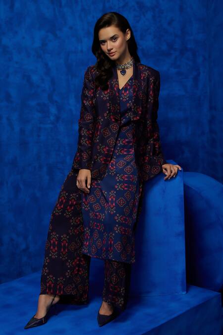 Shop Nautanky Blue Silk, Crepe Embroidery Collared, V-neck Tapestry Print Blazer Pant Set Online at Aza Fashions Shop_Nautanky_Blue Silk, Crepe Embroidery Collared, V-neck Tapestry Print Blazer Pant Set _Online_at_Aza_Fashions