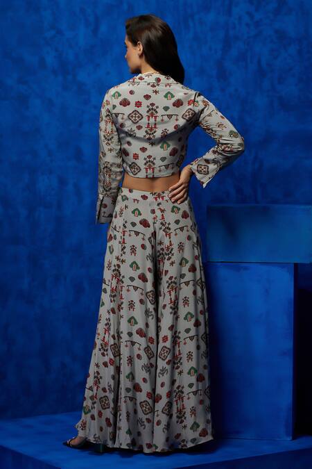 Shop_Nautanky_Grey Crepe Zari, Sequins Collared Twilight Tapestry Print Top And Palazzo Set _at_Aza_Fashions