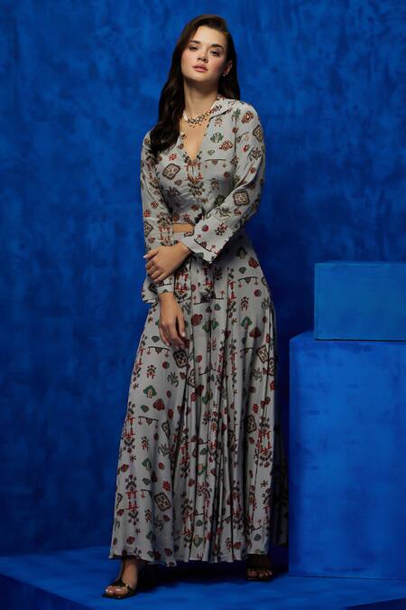 Shop_Nautanky_Grey Crepe Zari, Sequins Collared Twilight Tapestry Print Top And Palazzo Set _Online_at_Aza_Fashions