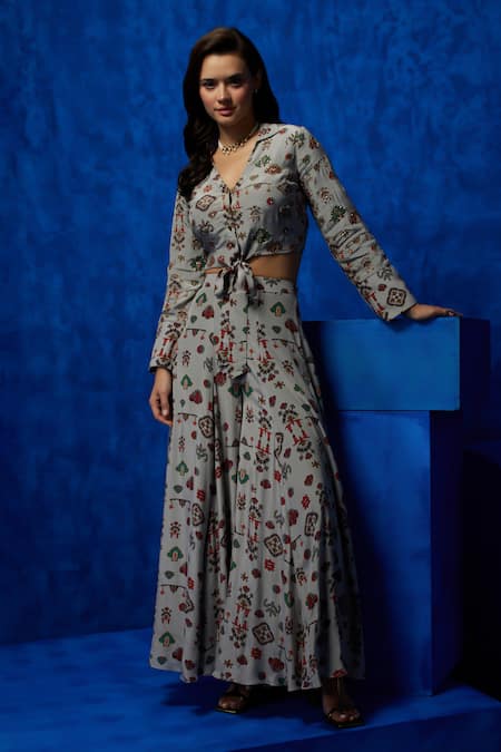 Shop_Nautanky_Grey Crepe Zari, Sequins Collared Twilight Tapestry Print Top And Palazzo Set 