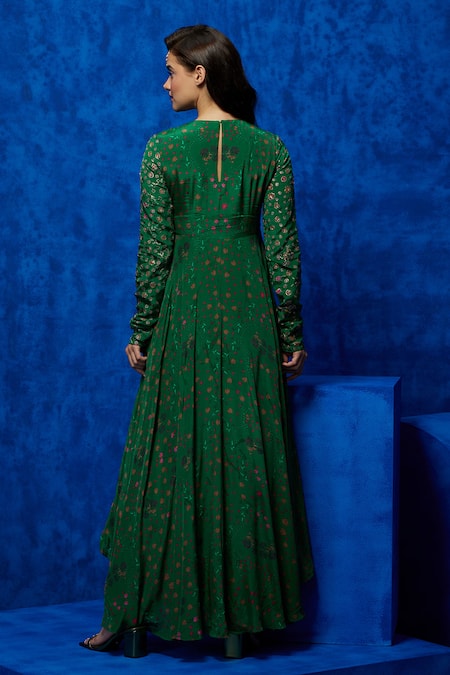 Nautanky Verde Bloom Print Panelled Gown 