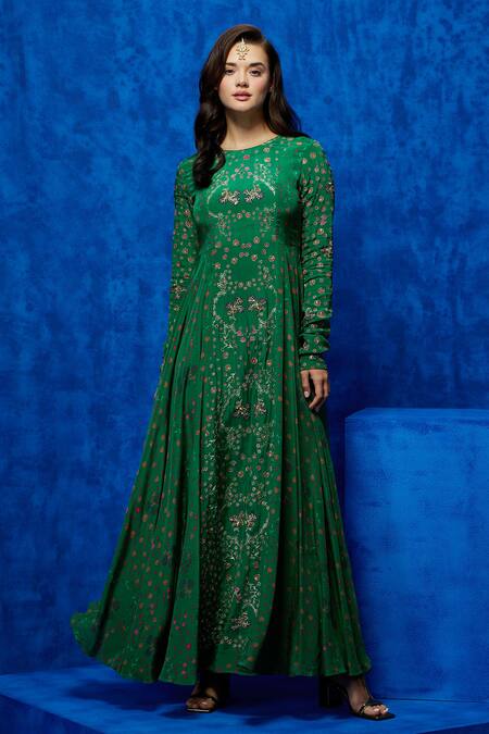 Nautanky_Emerald Green Crepe Embroidery, Sequins Round Verde Bloom Print Panelled Gown _Online_at_Aza_Fashions