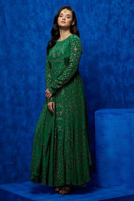 Buy_Nautanky_Emerald Green Crepe Embroidery, Sequins Round Verde Bloom Print Panelled Gown _Online_at_Aza_Fashions