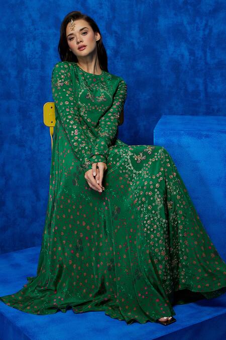Nautanky_Emerald Green Crepe Embroidery, Sequins Round Verde Bloom Print Panelled Gown _at_Aza_Fashions