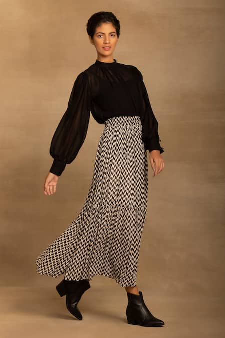 Shop_Reena Sharma_White Viscose, Georgette Nikita Chevron Print Skirt _Online_at_Aza_Fashions